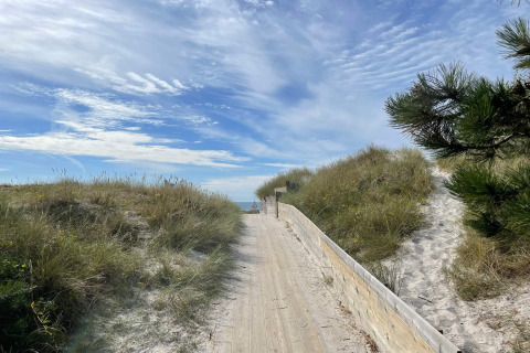 Camino de madera a través de dunas hacia la playa en Höllviken, Suecia, bajo un cielo azul con nubes.