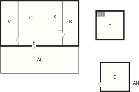 Plano de la casa de vacaciones en Höllviken, Suecia, con habitaciones etiquetadas V, O, K, B, H, D, AL y AN.