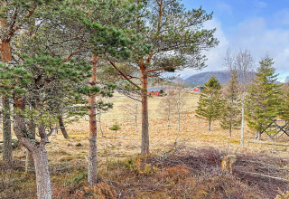 Vista da una yurta a Lysøysundet, Svezia, con alberi, campi, montagne e case rosse sullo sfondo.