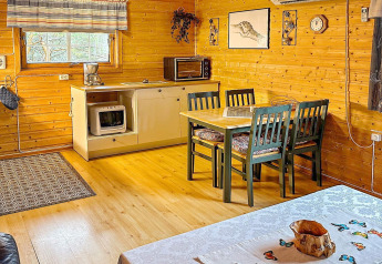 Gemütlicher, holzverkleideter Essbereich in einer Hütte mit Küchenzeile, Esstisch und vier Stühlen.