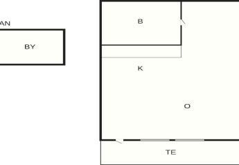 Plantegning af en 4-stjernet feriebolig i Karlskrona, Sverige, med rum som AN, BY, B, K, O og TE markeret.