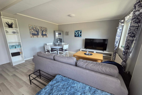 Salon lumineux et chaleureux dans une maison de vacances pour 4 personnes à Nösund, Suède, avec canapé et TV.