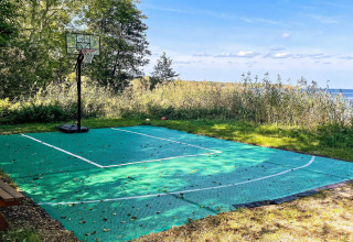 Terrain de basket extérieur près d’un lac à 4 star holiday home in VÄDDÖ, Suède, entouré de verdure.