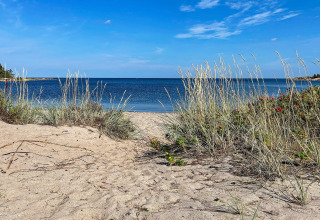 Vista da una baita a VÄDDÖ, Svezia, con spiaggia sabbiosa, erba di duna e mare calmo sotto un cielo limpido.