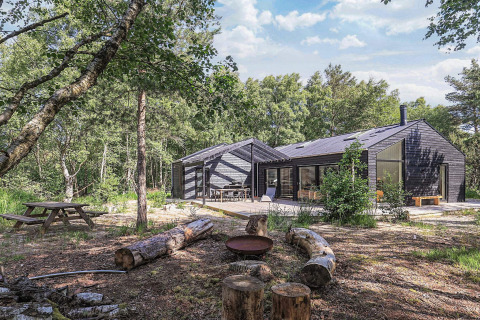 Modern black lodge in the woods on Læsø, Denmark, with outdoor fire pit and log seating area nearby.