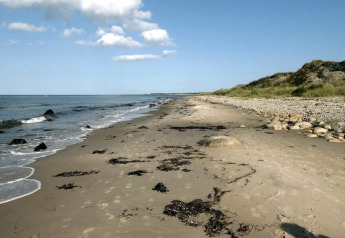 Spiaggia tranquilla con sabbia e rocce a Læsø, Danimarca, vista da casa vacanza 5 stelle sotto cielo sereno.