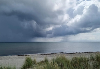 Aussicht auf den Strand bei Læsø, Dänemark, mit Wolken, ruhigem Meer und Sand mit Dünen im Vordergrund.