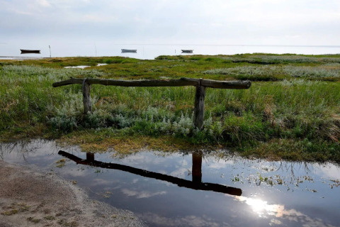 Recinzione di legno riflessa in una pozzanghera con barche su prati verdi a Læsø, Danimarca.