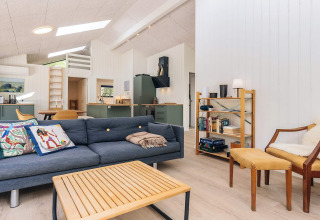 Modernes Wohnzimmer im 5-Sterne-Ferienhaus auf Læsø, Dänemark, mit Sofa, Regal und stilvollem Design.