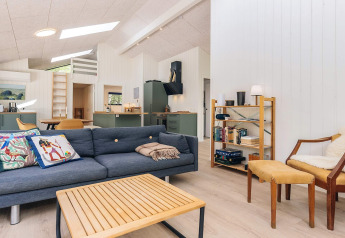 Modernes Wohnzimmer im 5-Sterne-Ferienhaus auf Læsø, Dänemark, mit Sofa, Regal und stilvollem Design.