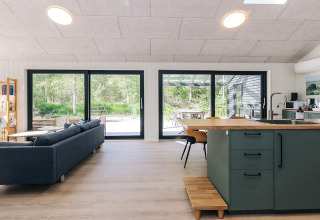 Soggiorno moderno in casa vacanze 5 stelle a Læsø, Danimarca, con divano, isola cucina e vista verde.