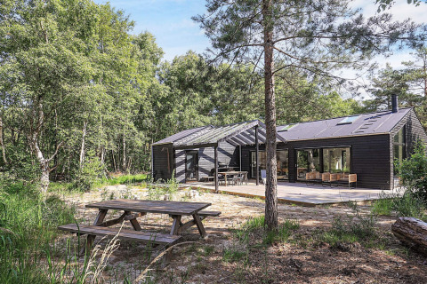 Casa vacanze moderna a 5 stelle a Læsø, Danimarca, immersa nella foresta con terrazza e tavolo da picnic.
