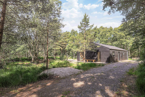 Modernes Ferienhaus aus Holz mitten im Wald an einem Kiesweg, aufgenommen bei Læsø, Dänemark
