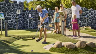Gezin speelt minigolf bij Horsens City Camp, een vakantiepark in de regio Centraal-Denemarken.