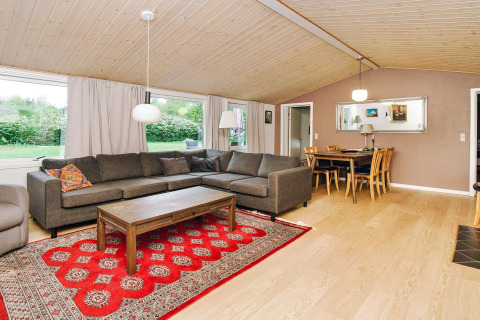 Salon lumineux du gîte avec canapé gris, tapis rouge et salle à manger à Holbæk, Danemark.