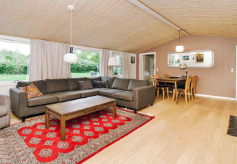 Salon lumineux du gîte avec canapé gris, tapis rouge et salle à manger à Holbæk, Danemark.