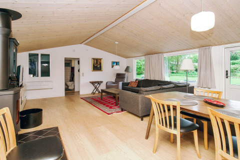 Åben stue med pejs, spisebord og sofa i et lyst sommerhus med store vinduer ud til grøn natur i Holbæk.