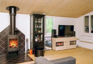 Salon avec cheminée, vitrine, télévision et déco moderne dans maison de vacances à Holbæk, Danemark.