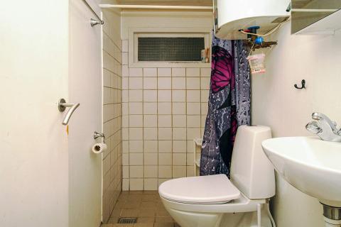 Lille badeværelse i 8-personers feriebolig i Holbæk, Danmark, med toilet, håndvask og bruseforhæng.