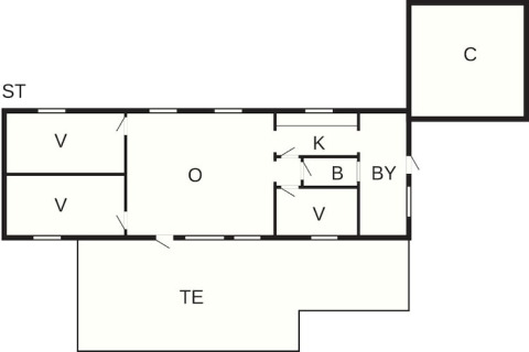 Plattegrond van 8-persoons vakantiehuis in Holbæk, Denemarken, met aanduiding van kamers en ruimtes.