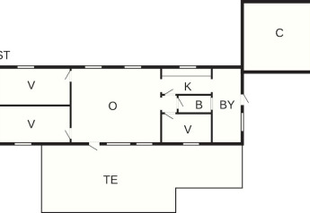 Grundriss eines 8-Personen-Ferienhauses in Holbæk, Dänemark, mit markierten Zimmern und Bereichen.