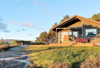 Ferienhaus für 7 Personen in Hjelmeland, Dänemark, mit Holzfassade in idyllischer Naturlandschaft im Sonnenlicht.