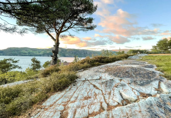 Foto af naturskøn udsigt fra 7-personers feriehus i Hjelmeland, Danmark, med klipper, træer og sø.