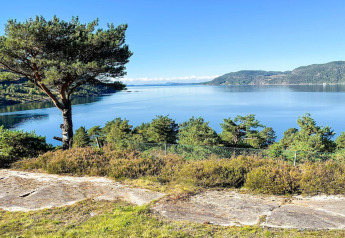 View of a calm lake and green hills from a holiday home in Hjelmeland, surrounded by trees and nature.