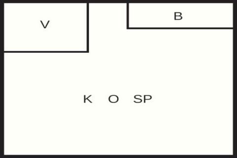 Plantegning af 7-personers feriehus i Hjelmeland, Danmark, med rum mærket V, B, K, O og SP.