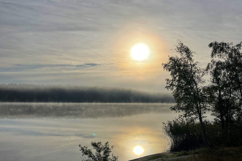 Solopgang over en stille sø ved Lakeside Cabin Retreat i Sollentuna, Sverige, med træer i silhuet.