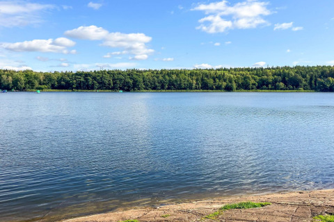 Udsigt over en fredelig sø med grønne træer i baggrunden, taget ved Lakeside Cabin Retreat i Sollentuna, Sverige.