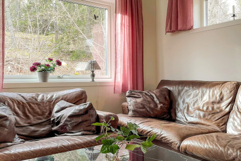 Cozy Lakeside Cabin Retreat in Sollentuna, Sweden, with brown leather sofas, pillows and garden views.