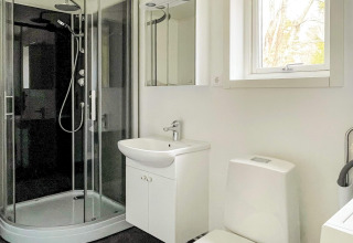 Salle de bain moderne avec douche, lavabo blanc, toilettes et fenêtre au Lakeside Cabin Retreat à Sollentuna.
