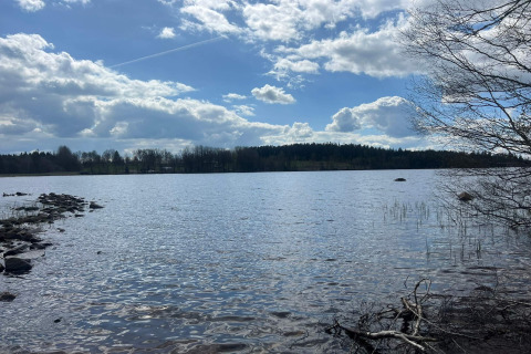 Vista de un lago con árboles y nubes, tomada desde el alojamiento '4 star holiday home in Hestra', Suecia.