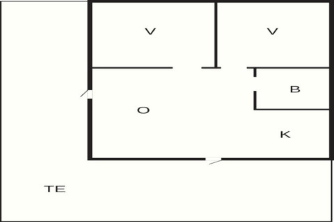 Planimetria di una casa vacanze 4 stelle a Hestra, Svezia, con due camere, cucina, bagno e terrazza.