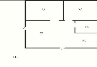 Plattegrond van een 4-sterren vakantiehuis in Hestra, Zweden, met twee kamers, keuken, badkamer en terras.