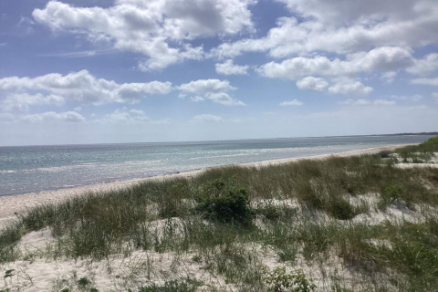 Plage paisible à Idestrup, Danemark, avec dunes herbeuses et mer sous un ciel partiellement nuageux.