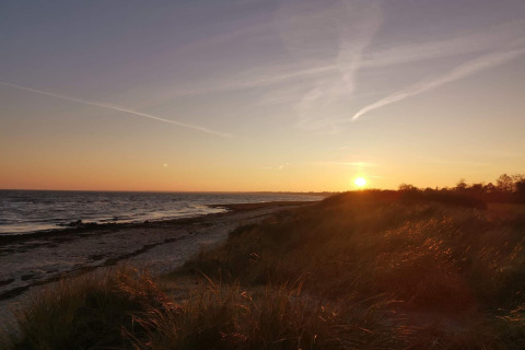 Coucher de soleil depuis le gîte 6 personnes à Idestrup, Danemark, montrant plage, mer et dunes herbeuses.