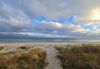 View of a sandy beach and sea from nearby dunes at the '6 person holiday home in Idestrup', Denmark.
