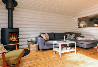 Hyggelig stue i et sommerhus med brændeovn, grå sofa, hvide vægge og trægulv i Idestrup, Danmark.