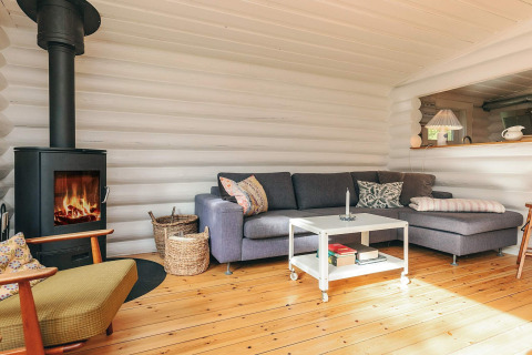 Soggiorno accogliente con stufa a legna, divano grigio e pavimento in legno in una casa vacanze a Idestrup, Danimarca.