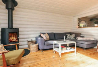 Soggiorno accogliente con stufa a legna, divano grigio e pavimento in legno in una casa vacanze a Idestrup, Danimarca.