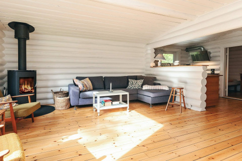 Sala luminosa y acogedora en casa de vacaciones para 6 personas en Idestrup, Dinamarca, con chimenea y sofá.