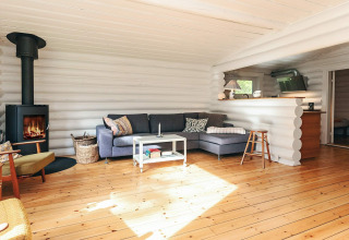 Lichte en gezellige woonkamer in een vakantiewoning voor 6 personen in Idestrup, Denemarken, met haardvuur.