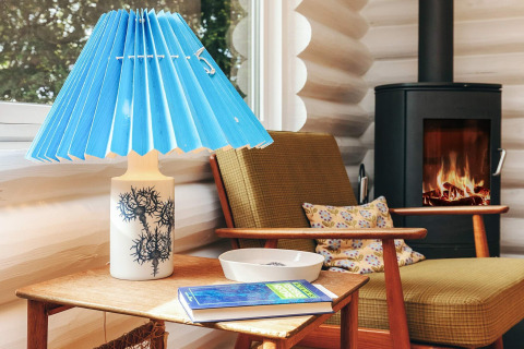 Coin salon douillet au gîte pour 6 personnes à Idestrup, Danemark, avec cheminée et lampe bleue.