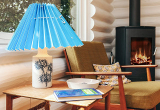 Coin salon douillet au gîte pour 6 personnes à Idestrup, Danemark, avec cheminée et lampe bleue.