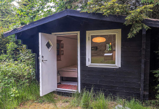Kleine zwarte blokhut met open witte deur en veel groen, vakantieverblijf voor 6 personen in Idestrup, Denemarken.