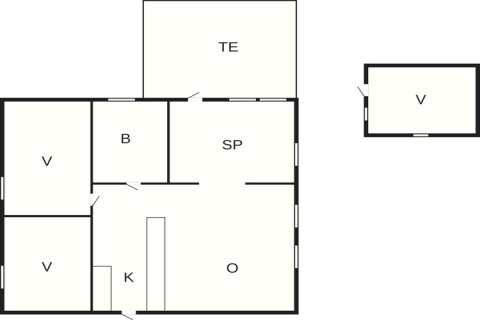 Grundriss eines 6-Personen-Ferienhauses in Idestrup, Dänemark, mit Zimmern, Küche und Terrasse.