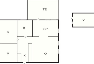 Plano de una casa de vacaciones para 6 personas en Idestrup, Dinamarca, con habitaciones y terraza.