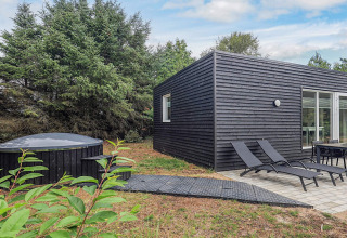 Vista exterior de una cabaña negra de vacaciones con tumbonas, mesa de comedor y jacuzzi cubierto en zona verde.
